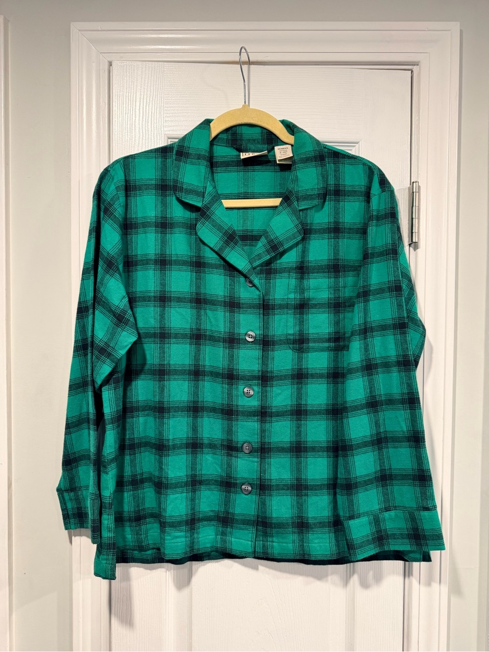 L.L.Bean Size SP Green Plaid Flannel Pajama Top Button Front 100% Cotton Pocket